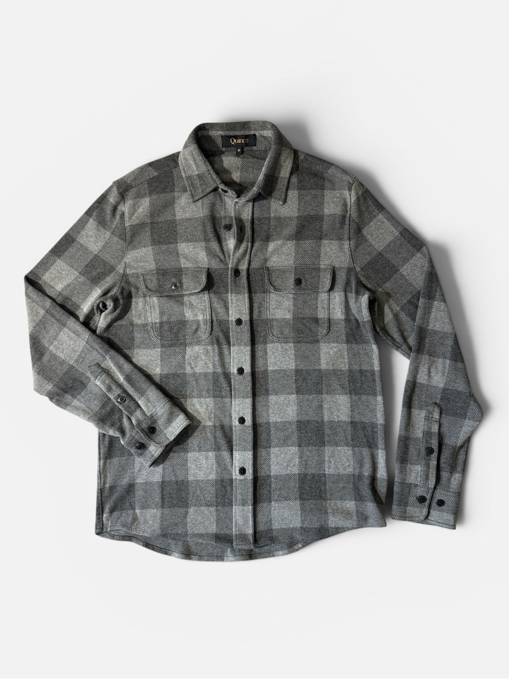 Quince mens M Medium gray plaid stretch sweater fleece button up shirt EUC
